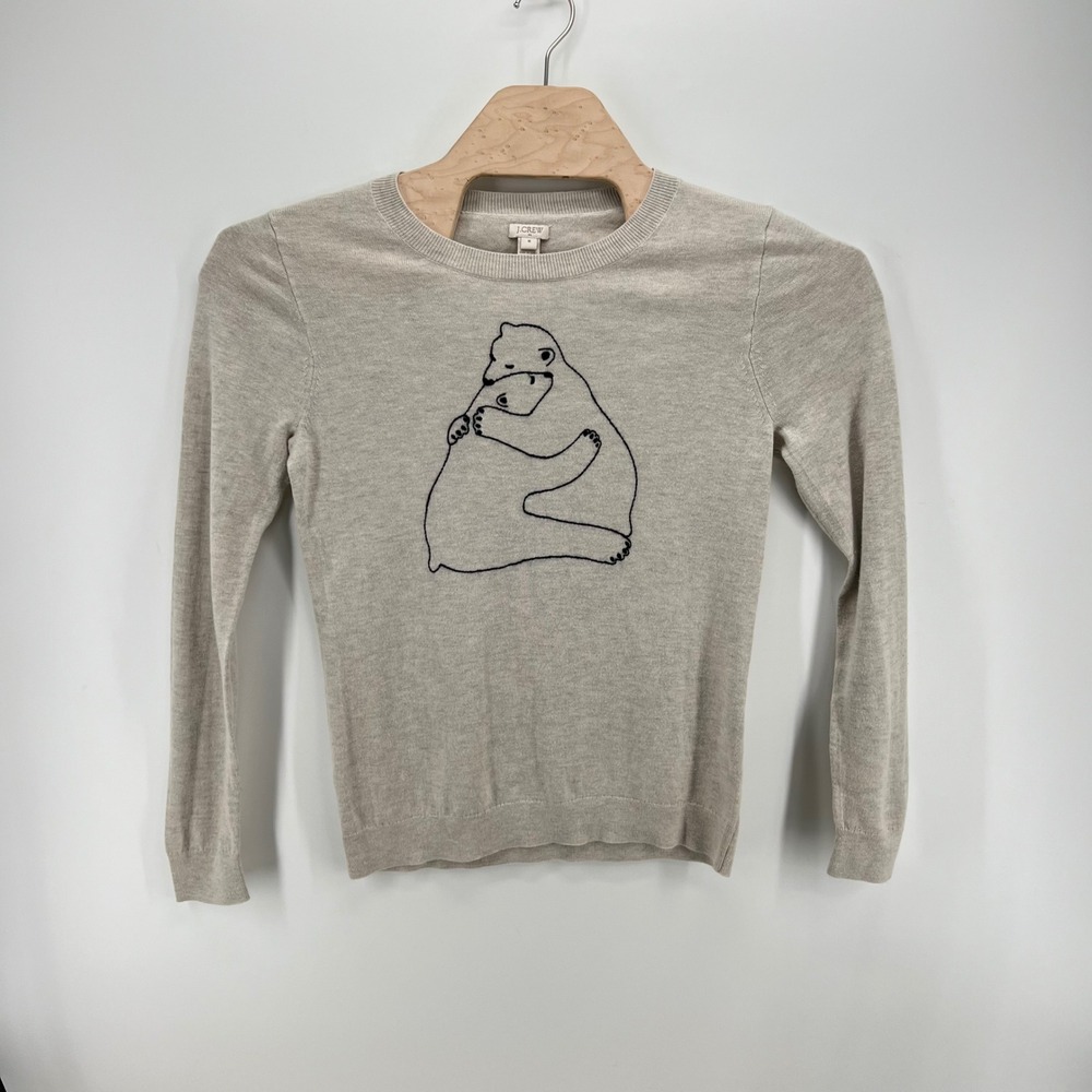 J.Crew Polar Bear Hug Embroidered Sweater Size M Cotton Wool Beige Winter Preppy